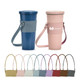 A drink bottle holder in various colours, featuring a strap and a logo, supporting two drink bottles.