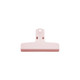 A pink plastic clip with a hanging hole. The design is simple and functional, suitable for various uses.