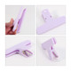 A purple plastic clip with a grip handle, displayed from multiple angles without any branding.
