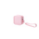 A pink square silicone coin pouch with a zip closure and a wrist strap for easy carrying.