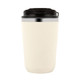 A double wall coffee cup in cream with a black lid and a silver accent. Features a logo on the side.