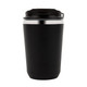 A double wall coffee cup in sleek black with a stainless steel band and a black lid, featuring a logo.
