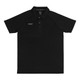 A black unisex polo shirt with a collar and a logo on the front.