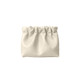 A cream-coloured portable makeup bag with a gathered design. It has a smooth, shiny finish and features a logo.