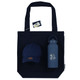 A navy tote bag, navy cap with a logo, and a navy drink bottle.