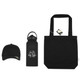 A black tote bag, black drink bottle, and black cap, all featuring a logo.