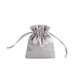 A silver satin drawstring bag with a gathered top and two drawstrings. It has a simple design and a smooth texture.