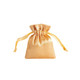 A silk satin drawstring bag in a soft golden hue with matching drawstrings. It features branding.