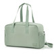 A light green duffle bag with two handles, a shoulder strap, and a simple design, featuring a logo.