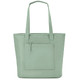A mint green tote bag with two shoulder straps and a front pocket. Features a logo.