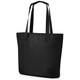 A black tote bag with two handles and a structured design, featuring a logo on the front.