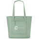 A mint green tote bag featuring a small front pocket and a logo. It has two shoulder straps for easy carrying.