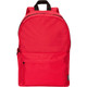 A red laptop backpack with a front pocket and black straps. It has a simple design and a logo on it.