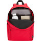 A red laptop backpack with a black interior, featuring a drink bottle, notebook, and a laptop compartment.