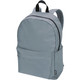 A grey laptop backpack with a main compartment and front pocket, featuring a logo on one side.