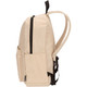 A beige laptop backpack with a zip closure and side pockets, featuring adjustable straps and a logo.