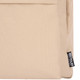 A beige laptop backpack made from recycled polyester, featuring a visible logo and a front pocket.