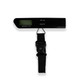 A black travel luggage scale with a digital display and a black strap for weighing. It has a logo on it.