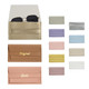 A collection of PU leather glasses pouches in various colours, including gold, pink, lavender, and sky blue, with logos.