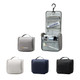 A hanging travel toiletry bag in grey, black, and navy, featuring compartments and a hook for easy access.
