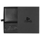 A black travel gift set featuring a wallet and luggage tag, presented in a sleek black box with a logo.