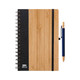 A bamboo notebook with a dark cover and spiral binding, accompanied by a blue pen. Includes a branded logo.