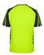 A work t-shirt in bright yellow with navy accents on the sleeves and sides, featuring a logo.