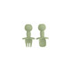 A set of olive green silicone cutlery featuring bear-shaped handles, including a fork and a spoon.