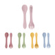 Classic silicone kids cutlery set featuring spoons and forks in pink, green, yellow, blue, and purple colours, with a logo.