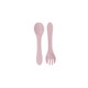 A pink silicone spoon and fork set for kids, featuring a smooth design and a slight curve, with a logo.