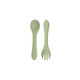 A light green silicone spoon and fork set for kids, featuring a smooth design and rounded edges.