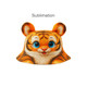 A bucket hat with a vibrant tiger face design, featuring oversized ears and bright blue eyes. It has a logo on it.