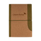 A cork notebook with a green accent and an elastic strap, featuring a logo on the cover.