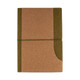 A cork notebook featuring a brown cover with a green accent, secured with an elastic band. It has a logo on the front.
