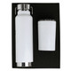 A drink bottle and tumbler set in white, presented in a black gift box. The bottle features a stainless steel lid.