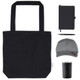 A black tote bag, grey cap, notebook, pen, and stainless steel drink container arranged together.