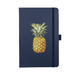 A navy journal with a pineapple illustration on the cover. It features an elastic band closure and has branding.