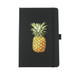 A black notebook featuring a pineapple illustration on the front cover. It has a strap closure and a ribbon marker.