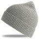 A grey beanie with a ribbed texture and a pointed top. Features a logo on the side.