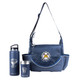 A navy blue shoulder bag with a logo, accompanied by a drink bottle and a stainless steel cup.