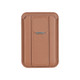 A brown PU magnetic card holder featuring a phone stand, designed with a sleek and minimalistic look.