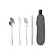A travel cutlery set featuring a spoon, knife, fork, and chopsticks in a grey case. The cutlery has a shiny metallic finish.
