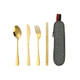 A travel cutlery set in gold featuring a spoon, knife, fork, and chopsticks, packed in a grey case with a logo.