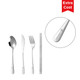 A travel cutlery set featuring a spoon, fork, knife, and chopsticks in silver with a logo.