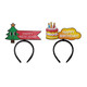 A glossy coated headband with a Christmas tree and a birthday cake design, featuring festive colours and a logo.