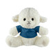 A plush sheep toy with a soft white exterior and a blue shirt, featuring black eyes and stitching for facial details.