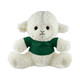 A fluffy white sheep plush toy wearing a green shirt, featuring stitched facial details and soft fabric.