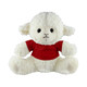 A plush sheep toy with a fluffy white body and a red shirt, featuring a stitched face and black eyes.