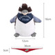 A Kookaburra plush toy featuring grey and white fur, with a blue bandana and a logo at the base.