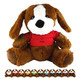 A brown plush dog with a white snout, wearing a red shirt, seated with smaller versions in various colours below.